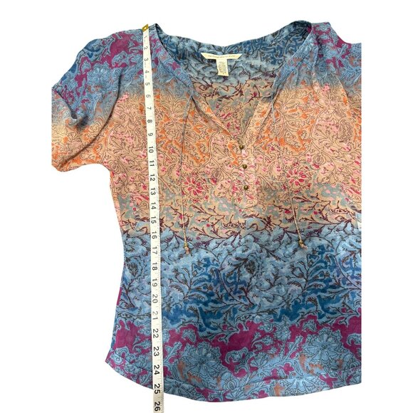 Diane Von Furstenberg Sheer Silk Top Blouse Tassel V-Neck Blue Tan Womens Size 6 - Picture 6 of 7